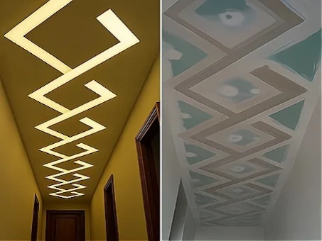 Installatie van een modern gyproc plafond met ingebouwde LED-verlichting in een gang
